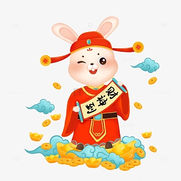 兔年手绘生肖兔子元旦春节财神