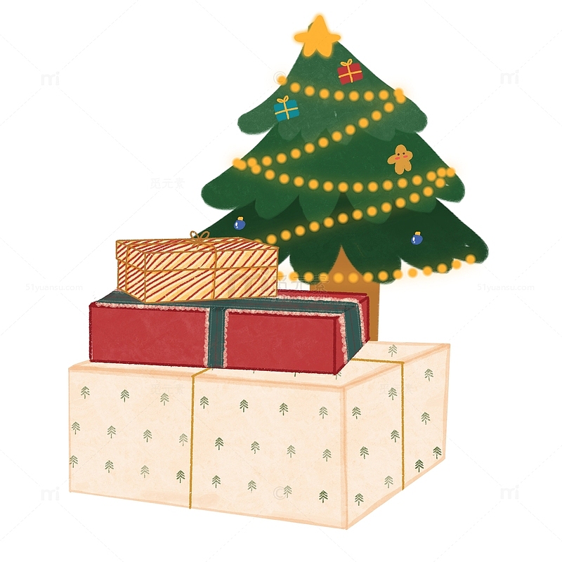 手绘水彩风圣诞节礼物盒圣诞树节日复古插画