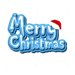 蓝色立体字圣诞节快乐英文雪花红帽