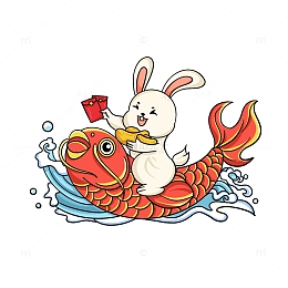 国潮喜庆年年有余手绘兔子元素.psd