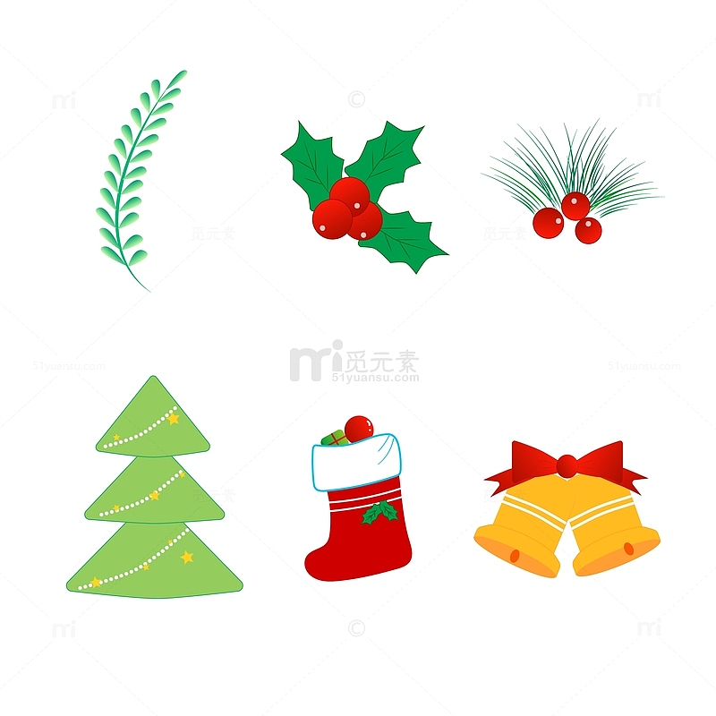 圣诞树枝果实袜子铃铛装饰元素圣诞节手绘图