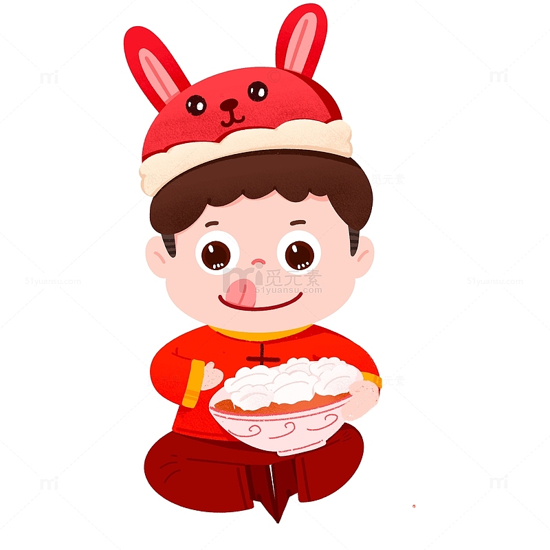 手绘新年穿着喜庆衣服吃水饺元素