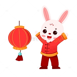 新年可爱生肖小兔在灯笼前面欢呼元素