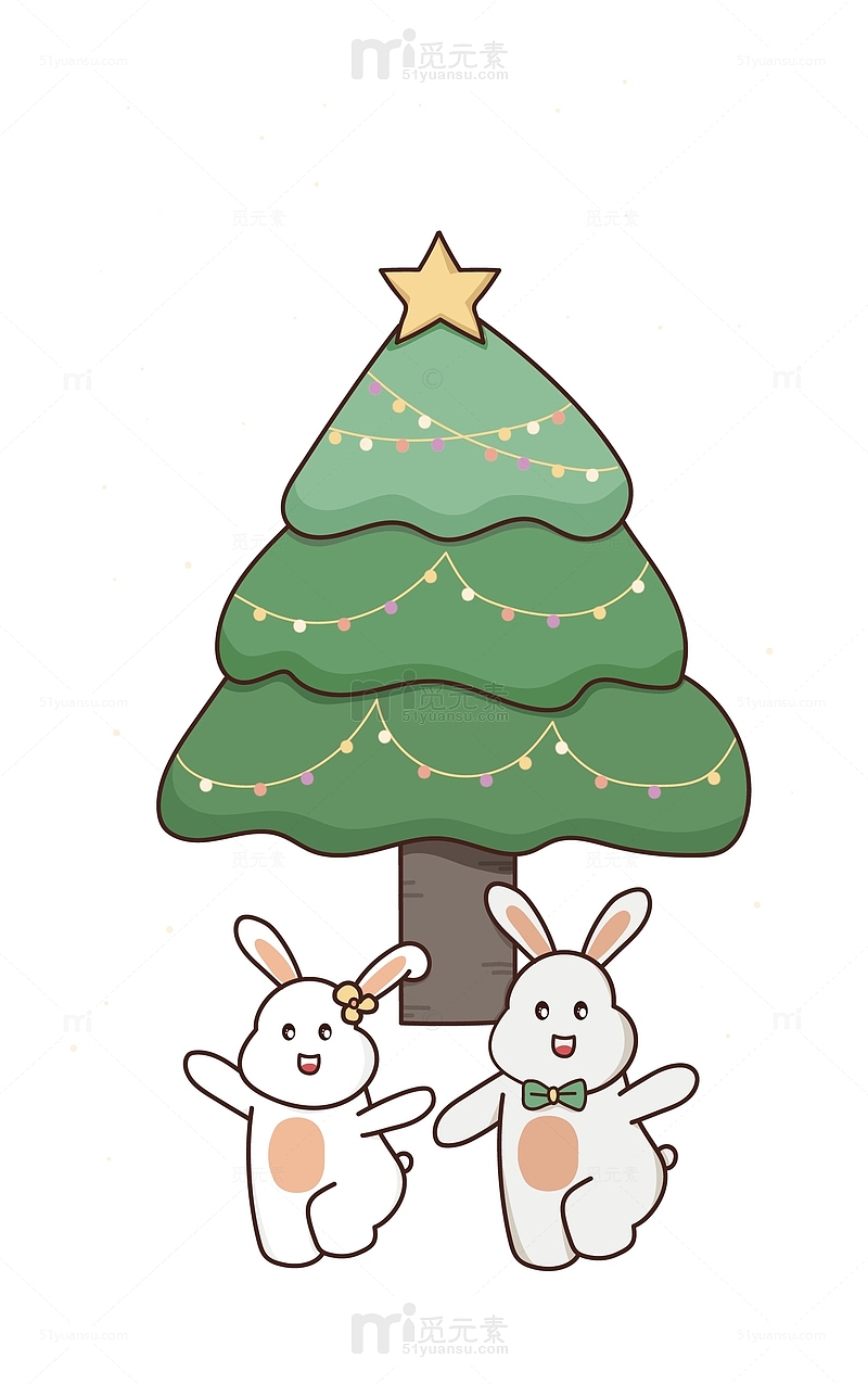绿色圣诞节夜晚兔子跳舞月亮星星圣诞树雪花