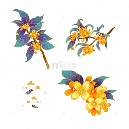 金秋秋季桂花手绘国潮插画元素