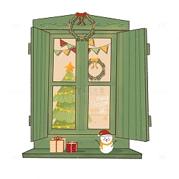 手绘复古圣诞节日窗户花环松树礼盒雪人彩旗