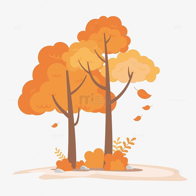 可爱卡通扁平化秋天树木落叶森林装饰插画