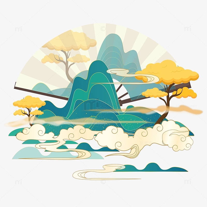 中國風國潮山水松樹植物扇子裝飾插畫