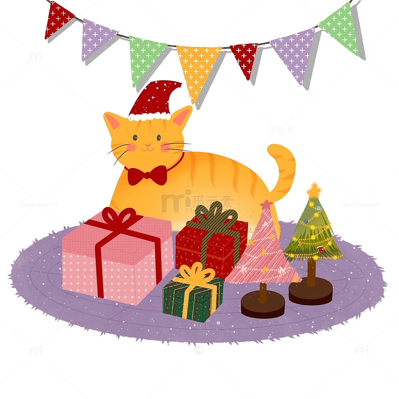 手绘猫咪圣诞节庆礼物盒彩旗圣诞树摆件地毯