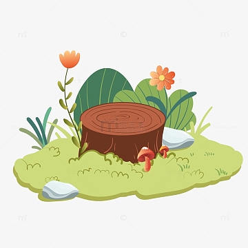 绿色小清新草地蘑菇小石头