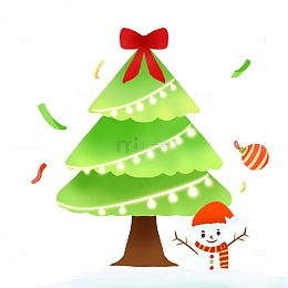 扁平风圣诞树气氛灯光彩带雪人铃铛元素