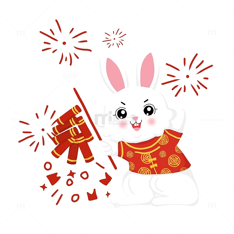 红色喜庆卡通可爱手绘兔年生肖放鞭炮