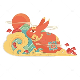 国潮兔子剪纸风格扁平新年插画