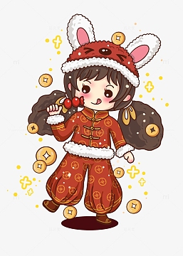 兔年女孩吃糖葫芦吉祥如意手绘插画