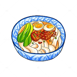 青花蓝国风国潮鸡蛋牛肉面手绘图