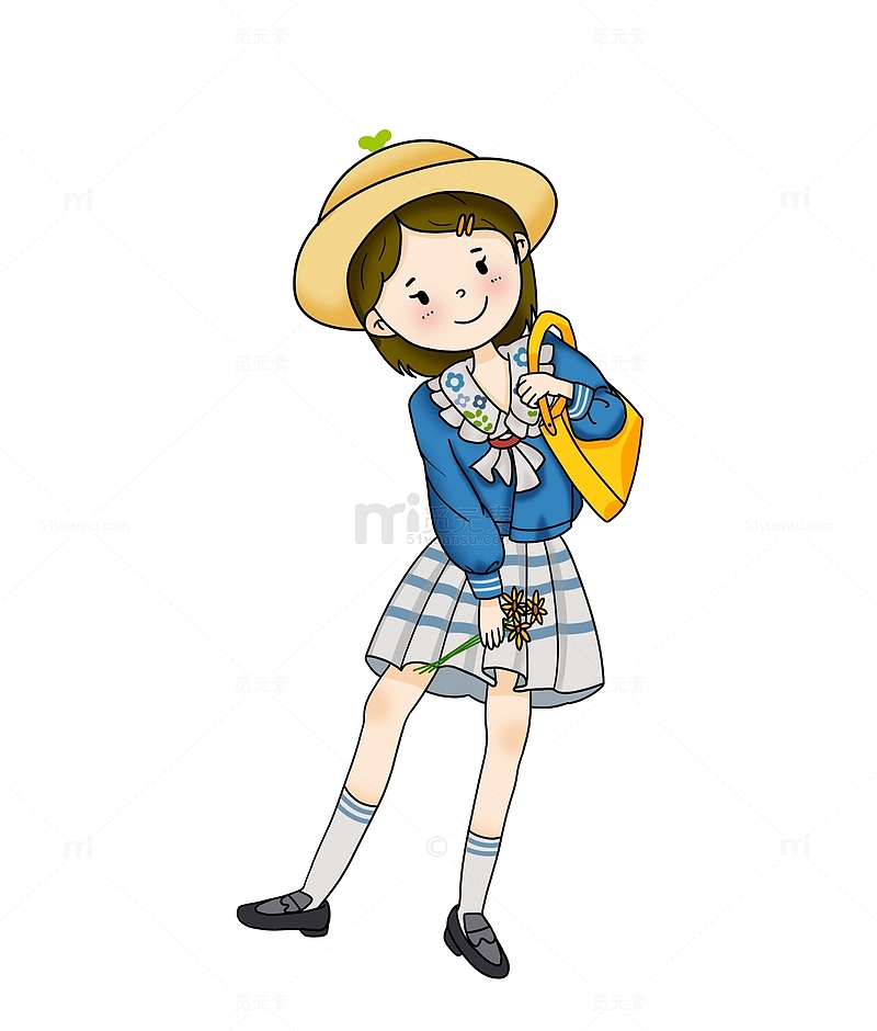 蓝色卡通穿制服裙戴草帽的小女孩手绘图