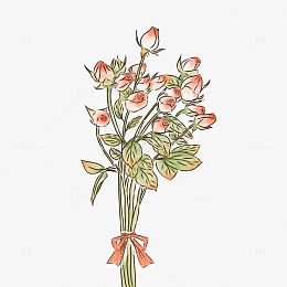 手绘复古风水彩玫瑰花苞蝴蝶结文艺花束插画