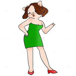 卡通穿紧身裙和高跟鞋的猪女郎手绘图