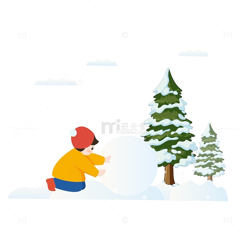 冬天下雪人物滚雪球手绘插画