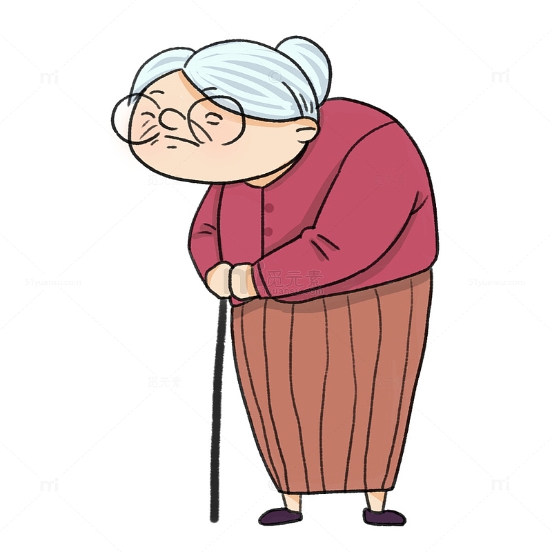 卡通拄拐杖戴老花镜的老太太简笔画手绘图