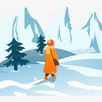冬天雪花雪山人物背影插画
