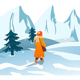 冬天雪花雪山人物背影插画