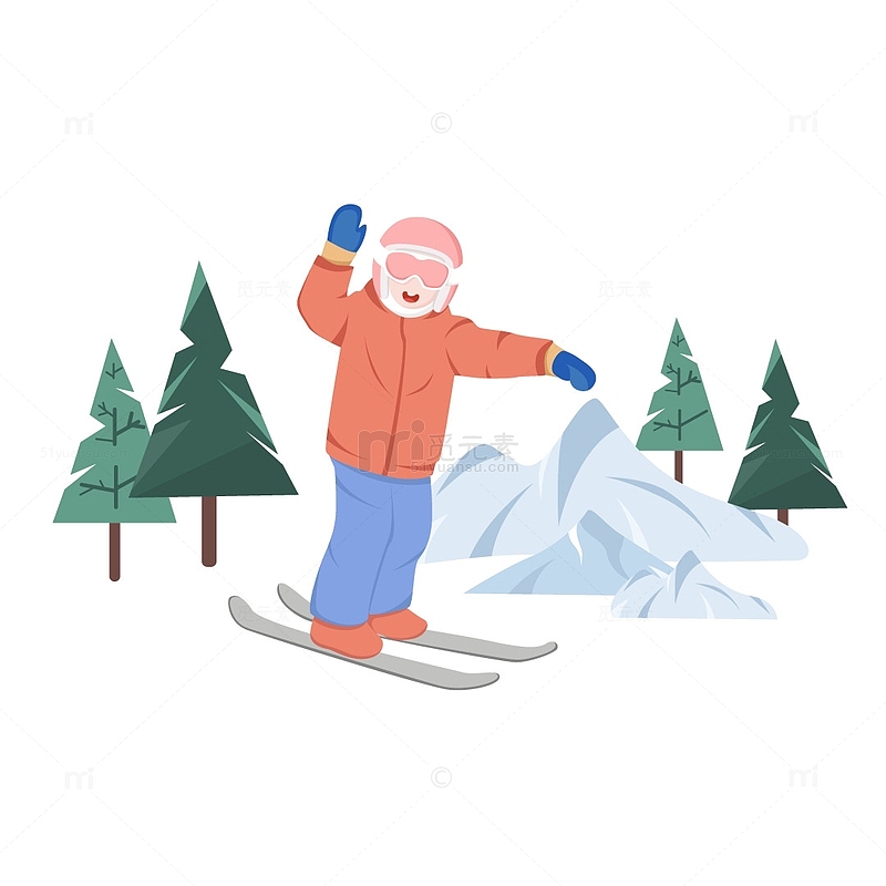 清新矢量冬季滑雪儿童插画元素