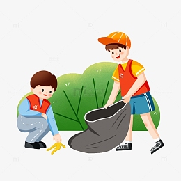 两个小学生志愿者捡垃圾爱护公共卫生手绘图