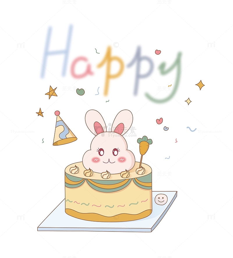 彩色手绘兔子生日蛋糕生日帽聚会