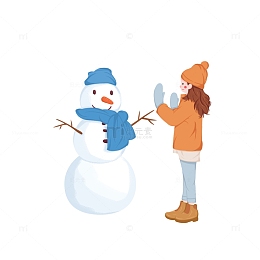 清新卡通堆雪人女孩手绘插画