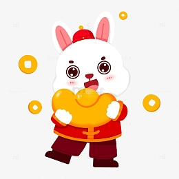 卡通手绘可爱兔兔抱着金元宝免抠元素