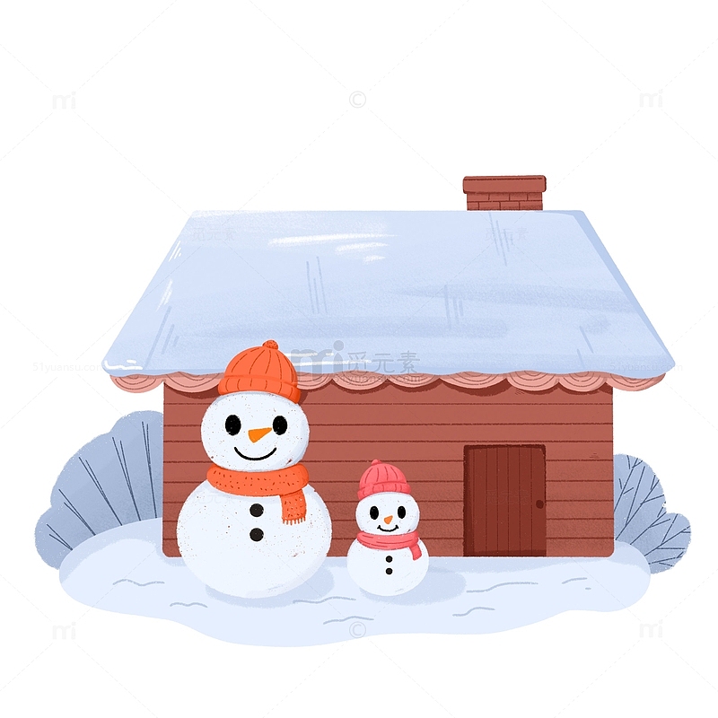 手绘冬季雪人与房屋场景元素