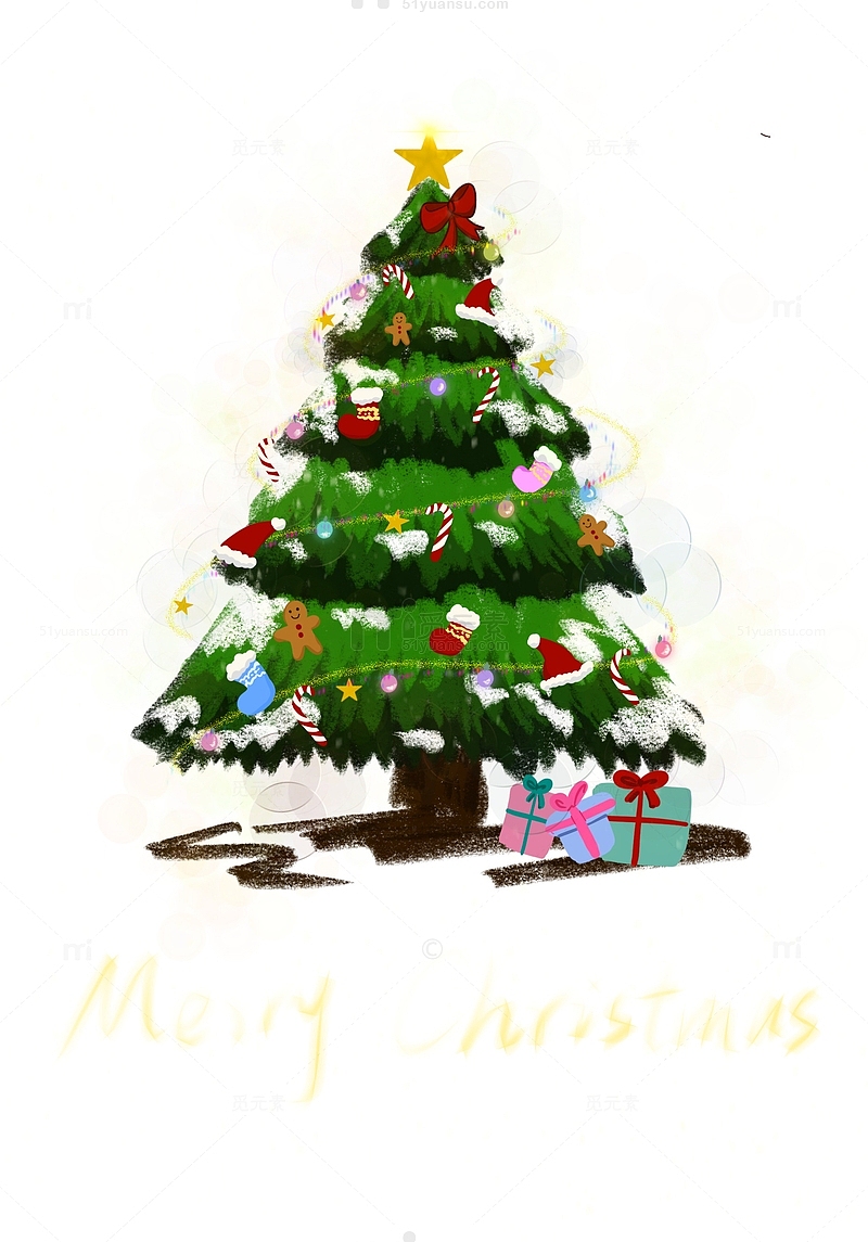 手绘圣诞节圣诞树圣诞帽彩灯元素