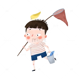 清新手绘钓鱼小男孩
