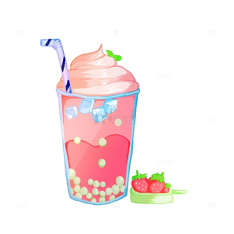 奶茶手绘粉色草莓珍珠杯装奶茶冰块元素