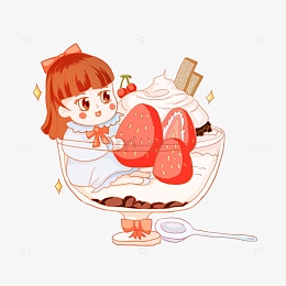甜品小女孩手绘草莓奶油可爱樱桃勺子元素