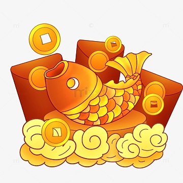 手绘国潮风红色电商促销红包鲤鱼红包金币