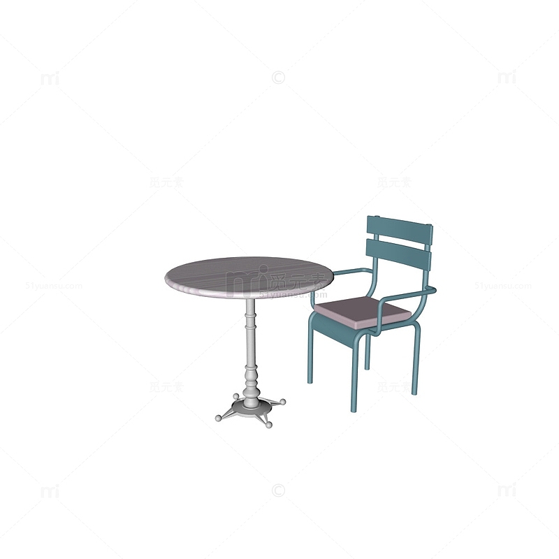 简约咖啡厅大理石铁艺蓝绿混搭桌椅立体模型