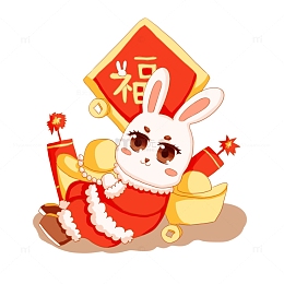 兔年手绘兔子爆竹元宝铜钱珠宝福字过年元素