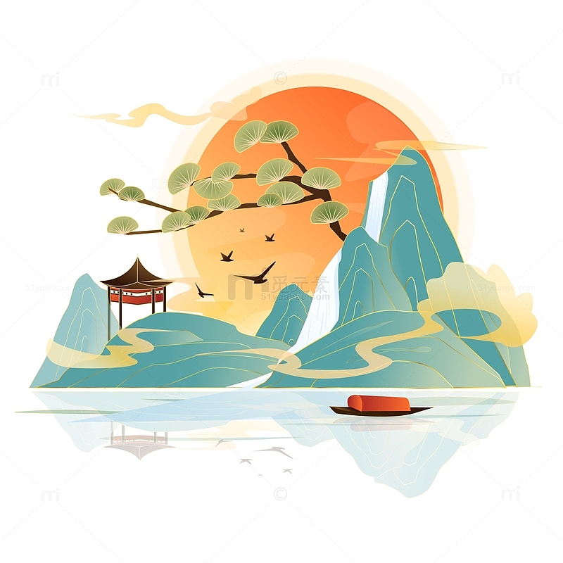 中国风国潮山水瀑布流水松树装饰插画