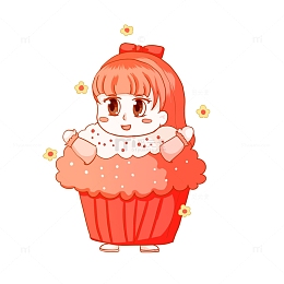 粉色手绘卡通纸杯蛋糕小女孩花朵甜品元素