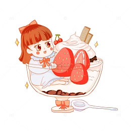 甜品小女孩手绘草莓奶油可爱樱桃勺子元素