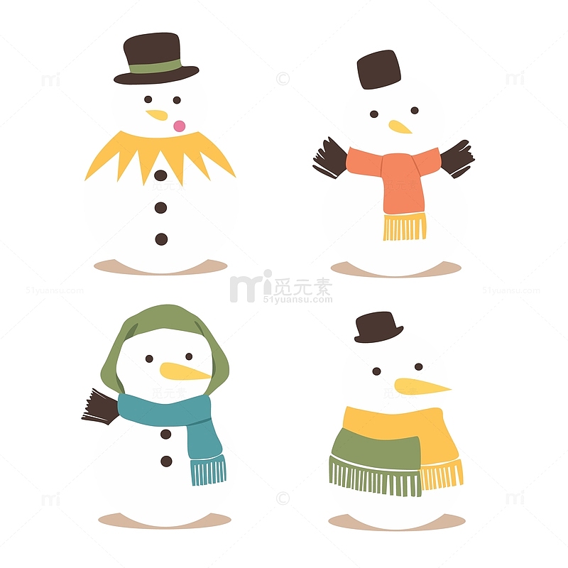 暖色调扁平手绘卡通戴帽子围巾的雪人