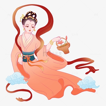 国潮仙女手绘古风祥云荷花粉色献花元素
