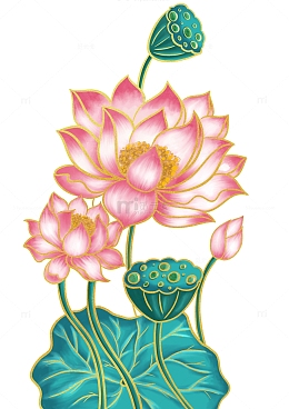 国潮复古风国风荷花荷叶莲蓬手绘元素