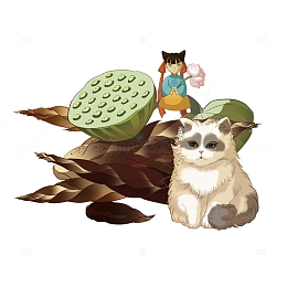 棕色绿色 国潮风 摘莲蓬 布偶猫  插画