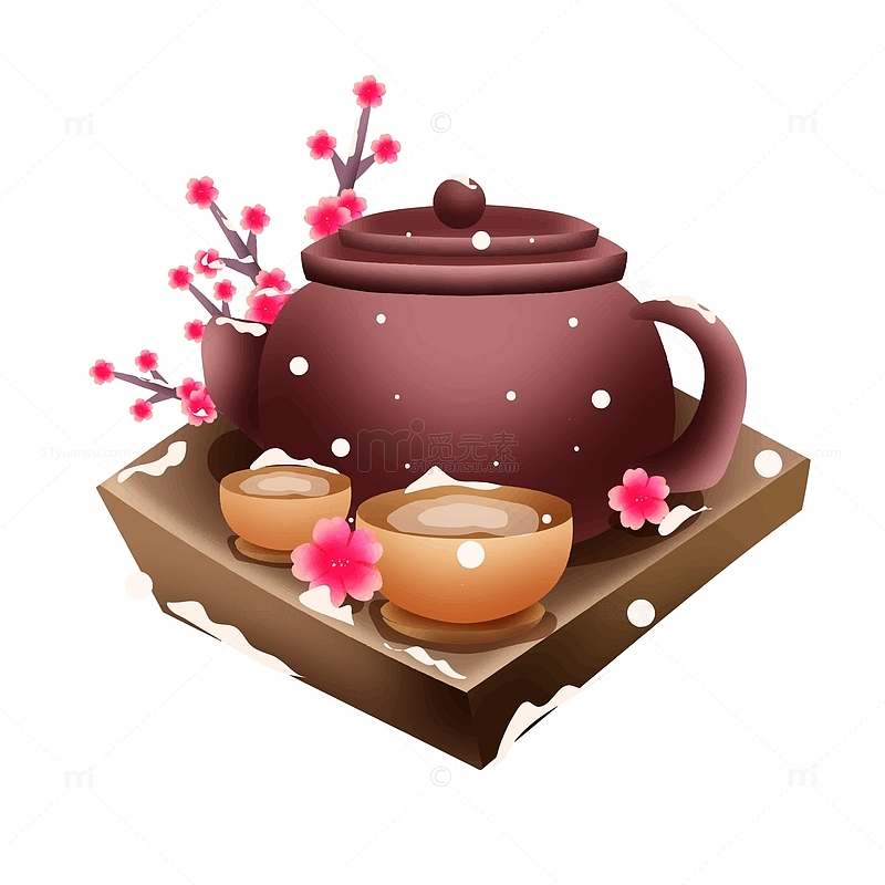矢量手绘冬季梅花茶壶茶杯装饰元素