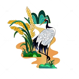 手绘国风水稻仙鹤插画