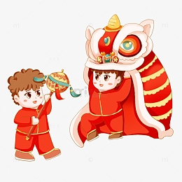 红色手绘男孩舞狮春节过年喜庆绣球元素