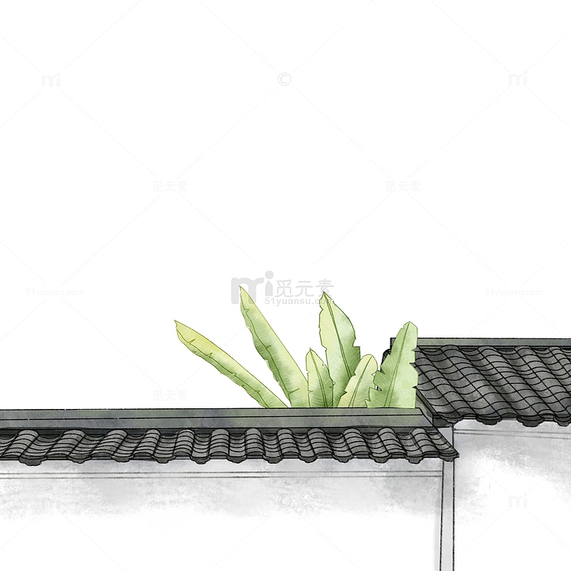 手绘古风烟雨江南雨打芭蕉白墙黑瓦徽派建筑